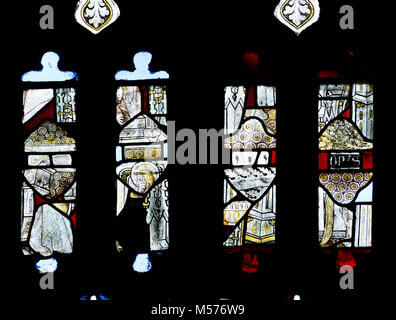 Medieval stained glass fragments, St Mary`s Church, North Leigh, Oxfordshire, England, UK Stock Photo
